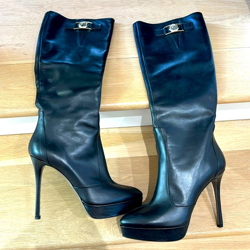 Versace Black Leather Knee High‎ Heeled Boots with Gold Hardware Size 40/US9